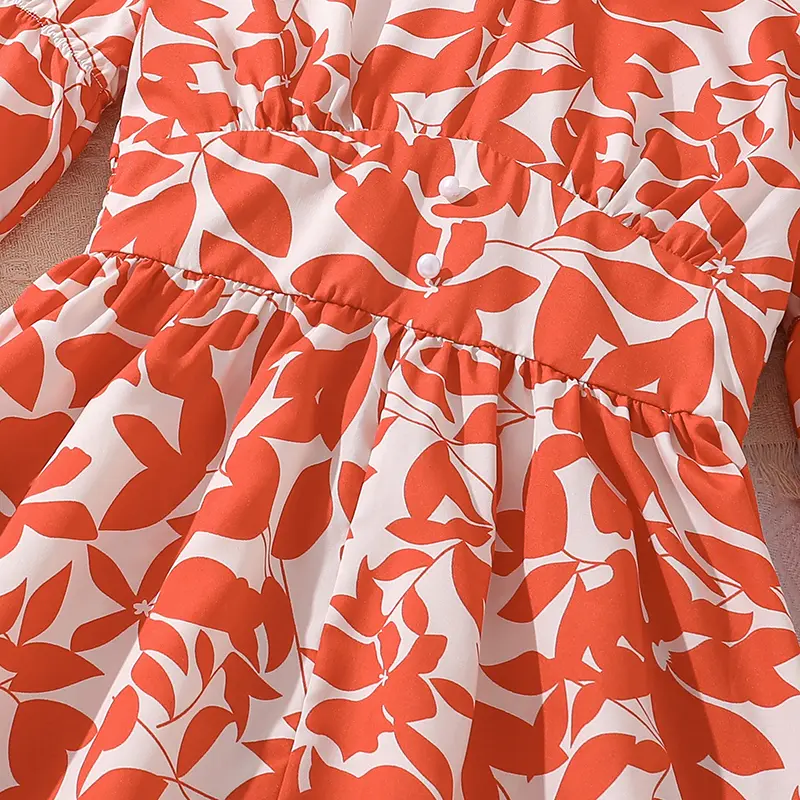 Children Fashion Dress For Girls Saffron V-Neck Floral Long Sleeve Dress Elegant Vacation Holiday Party Dress Graduation Costume