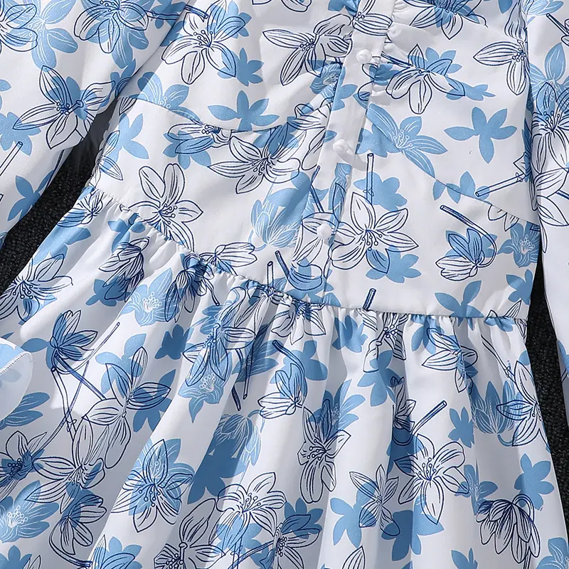 Summer Girls Dress Casual Princess Dresses Blue Flowers Square Collar Long Sleeves Dress Elegant Vacation Holiday Party Clothes