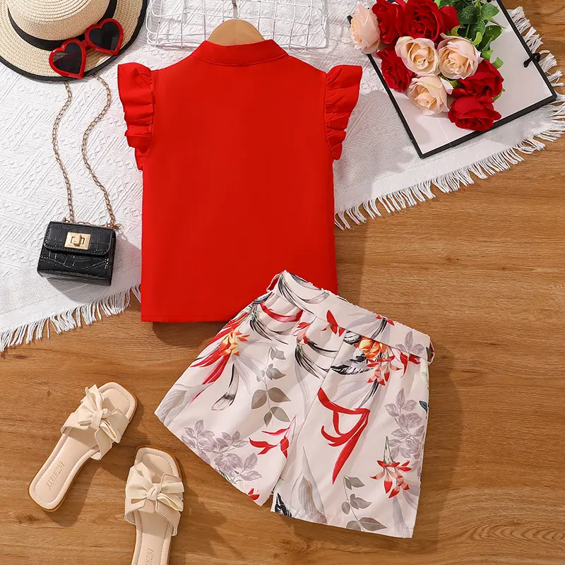 Modest Girls Sets Red V-neck T-shirt & Belted Printed Shorts 2PCS Children Clothes Sets School Daily Casual