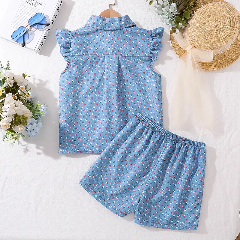Girls Clothing  Sets Light Blue Flowers Printed Button-Down Sleeveless Top & Shorts 2 PCS Korean Style Kids Sets Daily Clothes