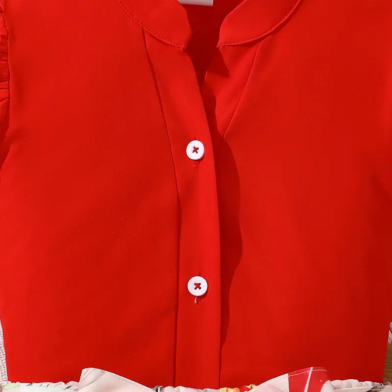 Modest Girls Sets Red V-neck T-shirt & Belted Printed Shorts 2PCS Children Clothes Sets School Daily Casual