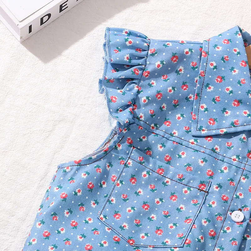 Girls Clothing  Sets Light Blue Flowers Printed Button-Down Sleeveless Top & Shorts 2 PCS Korean Style Kids Sets Daily Clothes