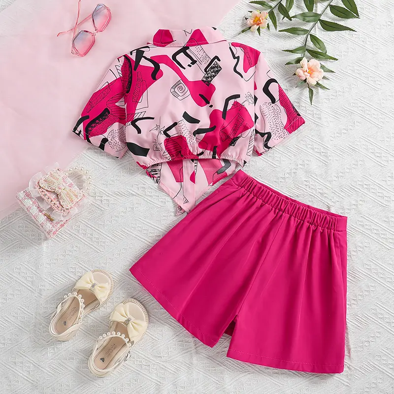 Children's Fashion 2PCS Pink Graffiti Shirt & Rose Elasctic Wsiat Shorts High Quality Korean For Girls 8-12 Years Casual Clothes