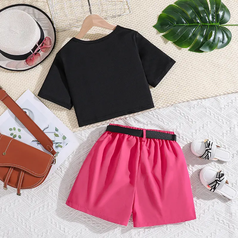 Children's Fashion 2PCS Black Butterfly Print Short Sleeve Top & Rose Shorts And Detachable Belt Simple  Sweet Style For Girls