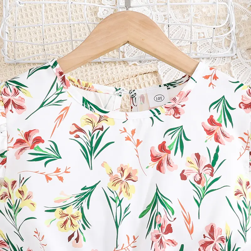 Summer Dress For 8-12 Years Grils Kids White Print Fly Sleeve Green Knee-Length Tulle Dress Casual Style Beach Holiday Clothes
