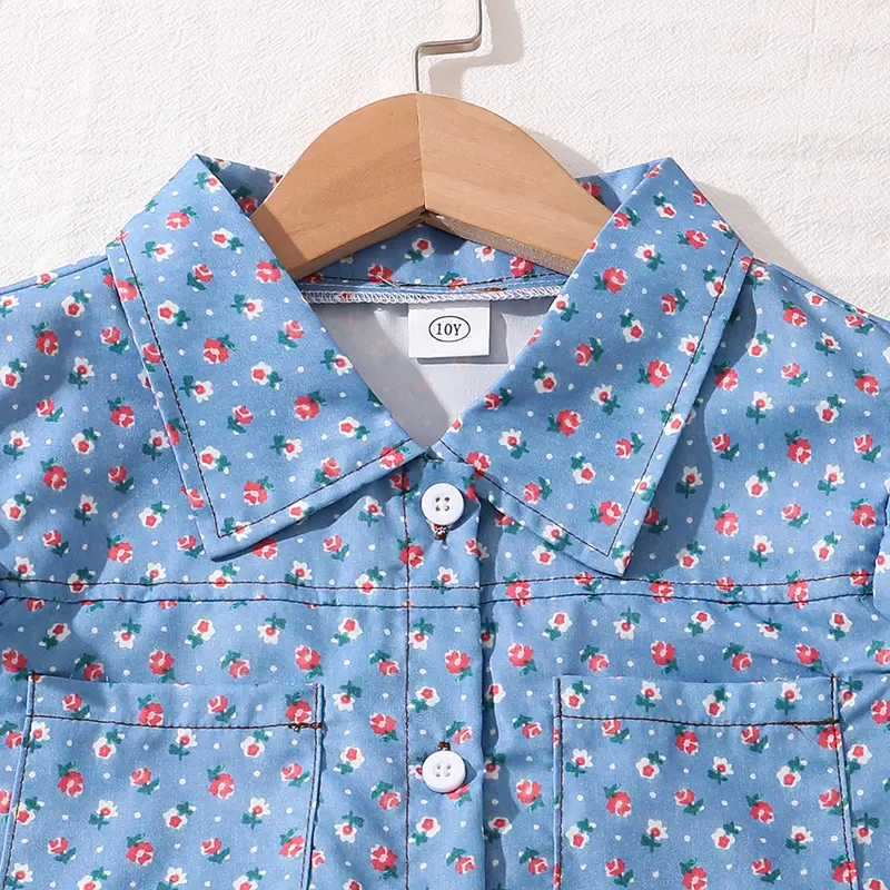 Girls Clothing  Sets Light Blue Flowers Printed Button-Down Sleeveless Top & Shorts 2 PCS Korean Style Kids Sets Daily Clothes