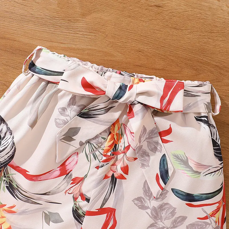 Modest Girls Sets Red V-neck T-shirt & Belted Printed Shorts 2PCS Children Clothes Sets School Daily Casual