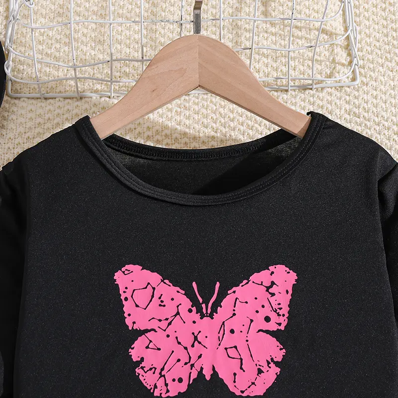 Children's Fashion 2PCS Black Butterfly Print Short Sleeve Top & Rose Shorts And Detachable Belt Simple  Sweet Style For Girls