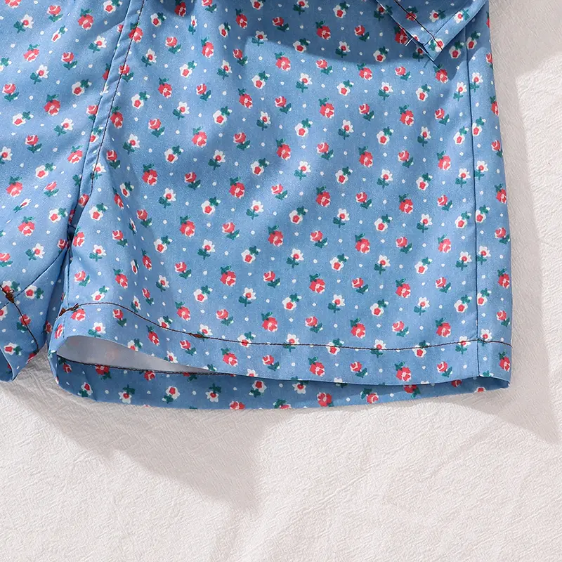 Girls Clothing  Sets Light Blue Flowers Printed Button-Down Sleeveless Top & Shorts 2 PCS Korean Style Kids Sets Daily Clothes