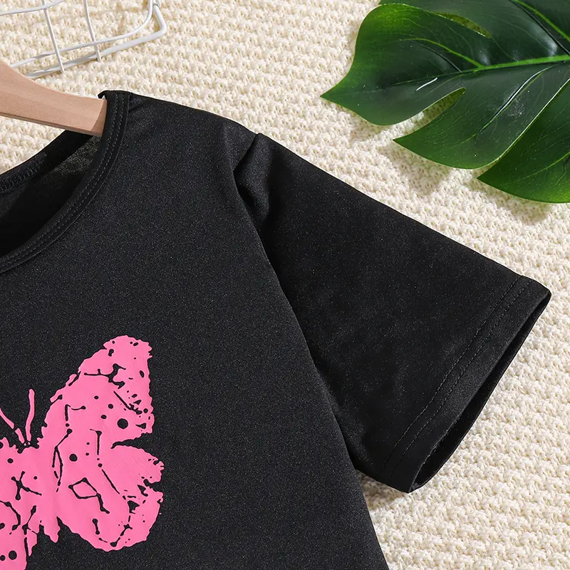 Children's Fashion 2PCS Black Butterfly Print Short Sleeve Top & Rose Shorts And Detachable Belt Simple  Sweet Style For Girls