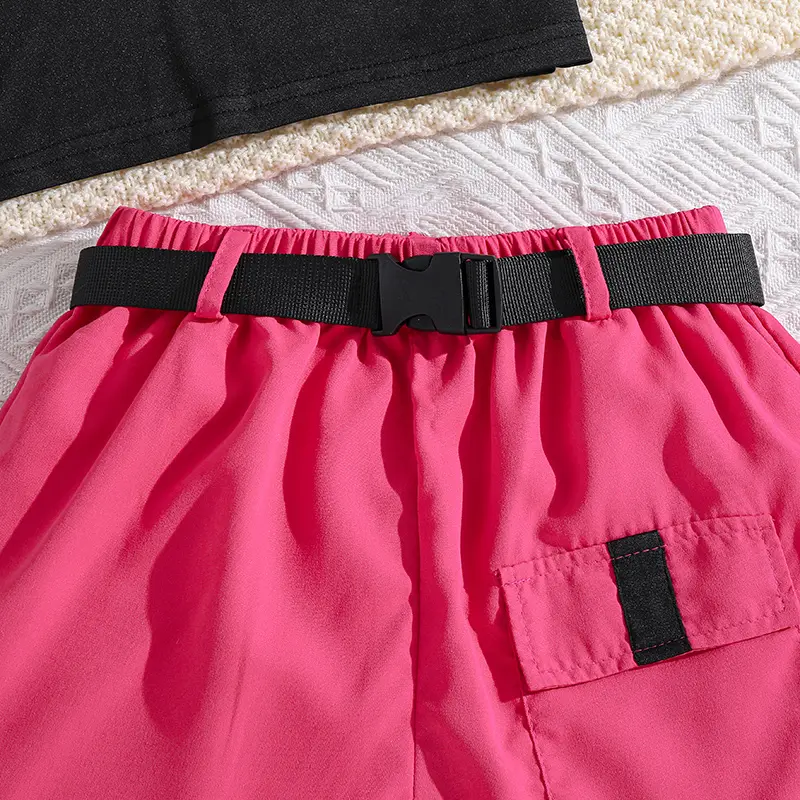 Children's Fashion 2PCS Black Butterfly Print Short Sleeve Top & Rose Shorts And Detachable Belt Simple  Sweet Style For Girls