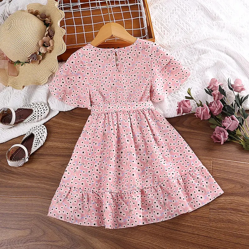 Summer 4-7 Years Girl's V-neck Cute Floral Print Dress Pleated Lace-up A-line Knee-length Skirt Cute Fashion Comfortable