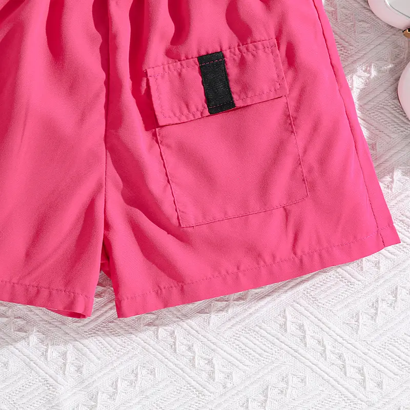 Children's Fashion 2PCS Black Butterfly Print Short Sleeve Top & Rose Shorts And Detachable Belt Simple  Sweet Style For Girls