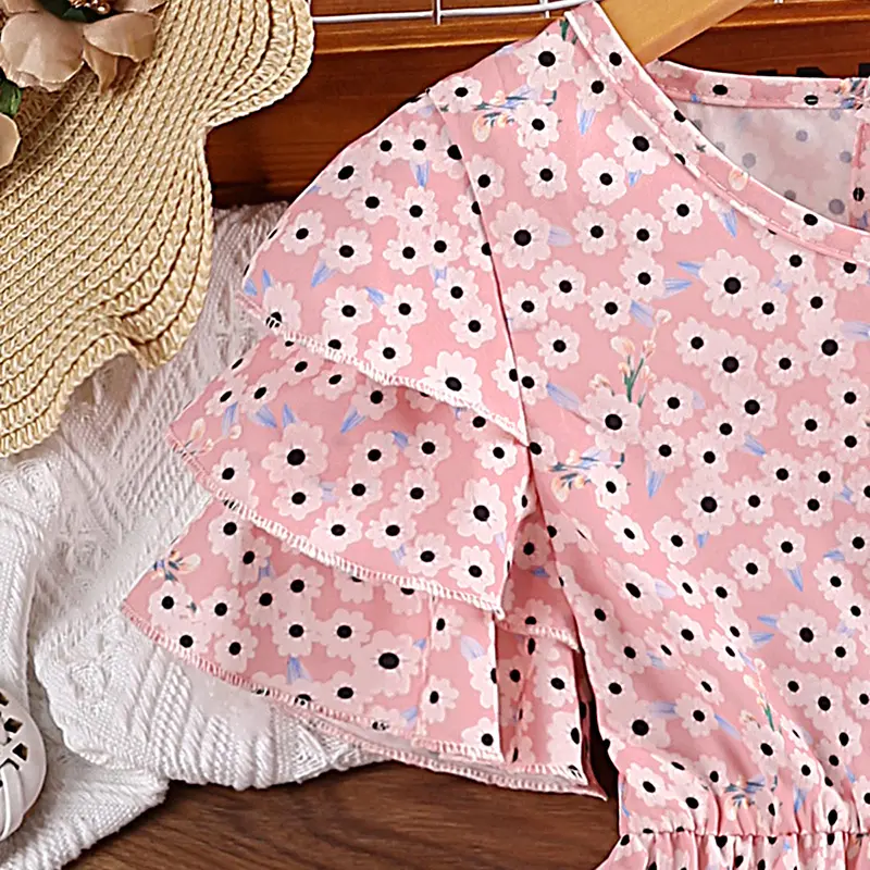 Summer 4-7 Years Girl's V-neck Cute Floral Print Dress Pleated Lace-up A-line Knee-length Skirt Cute Fashion Comfortable