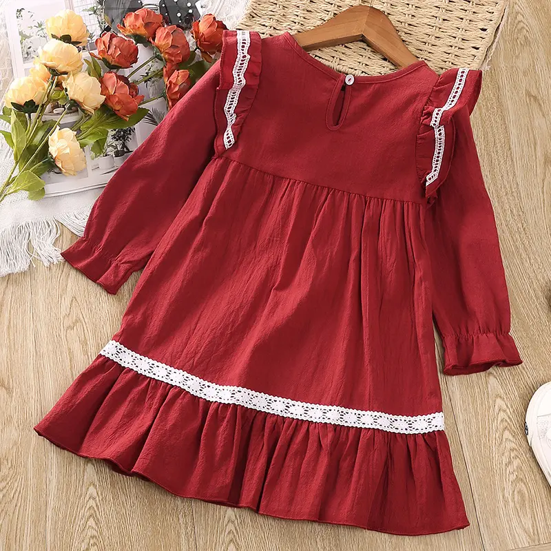 Autumn New Dress Kids Girls 2-6 Years Girls' Red Long-Sleeved White Lace Ruffled Dress Korean Style Simple Loose Princess Dress