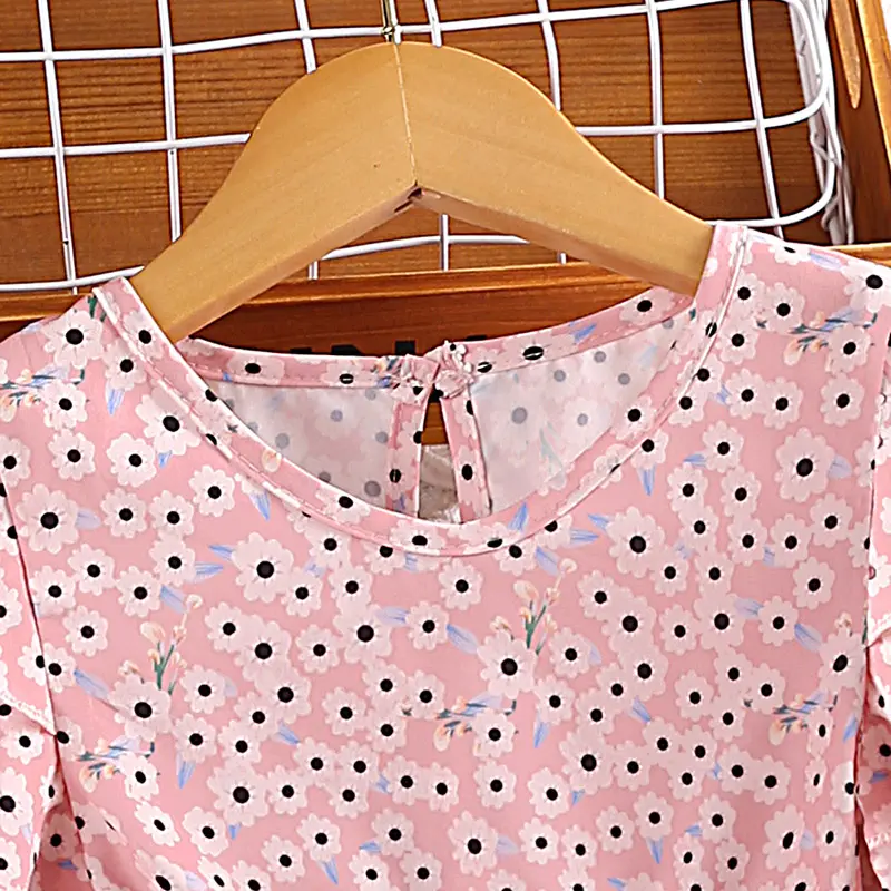 Summer 4-7 Years Girl's V-neck Cute Floral Print Dress Pleated Lace-up A-line Knee-length Skirt Cute Fashion Comfortable