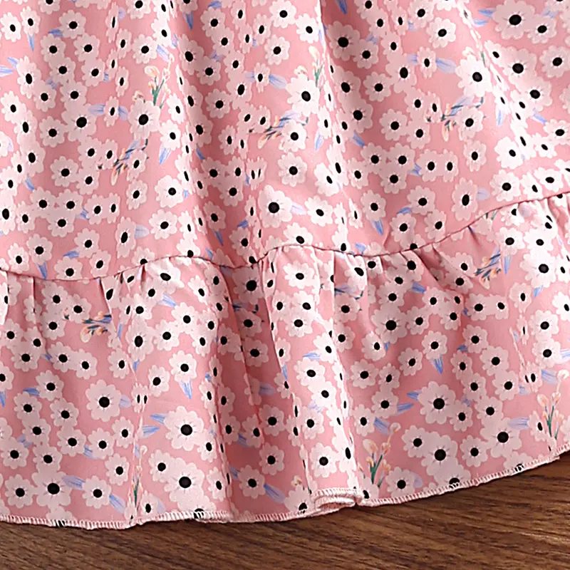 Summer 4-7 Years Girl's V-neck Cute Floral Print Dress Pleated Lace-up A-line Knee-length Skirt Cute Fashion Comfortable