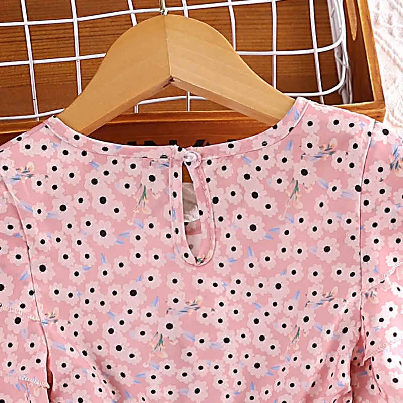Summer 4-7 Years Girl's V-neck Cute Floral Print Dress Pleated Lace-up A-line Knee-length Skirt Cute Fashion Comfortable