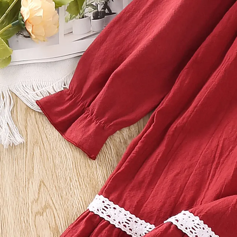 Autumn New Dress Kids Girls 2-6 Years Girls' Red Long-Sleeved White Lace Ruffled Dress Korean Style Simple Loose Princess Dress