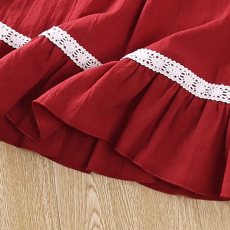 Autumn New Dress Kids Girls 2-6 Years Girls' Red Long-Sleeved White Lace Ruffled Dress Korean Style Simple Loose Princess Dress