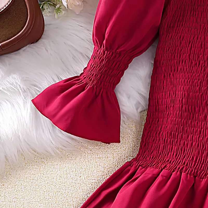 New Designed Classic Retro Red Long-Sleeved Dress Drama Stylish Elegant Vacation Holiday Party Graduation Mermaid Fishtail Skirt