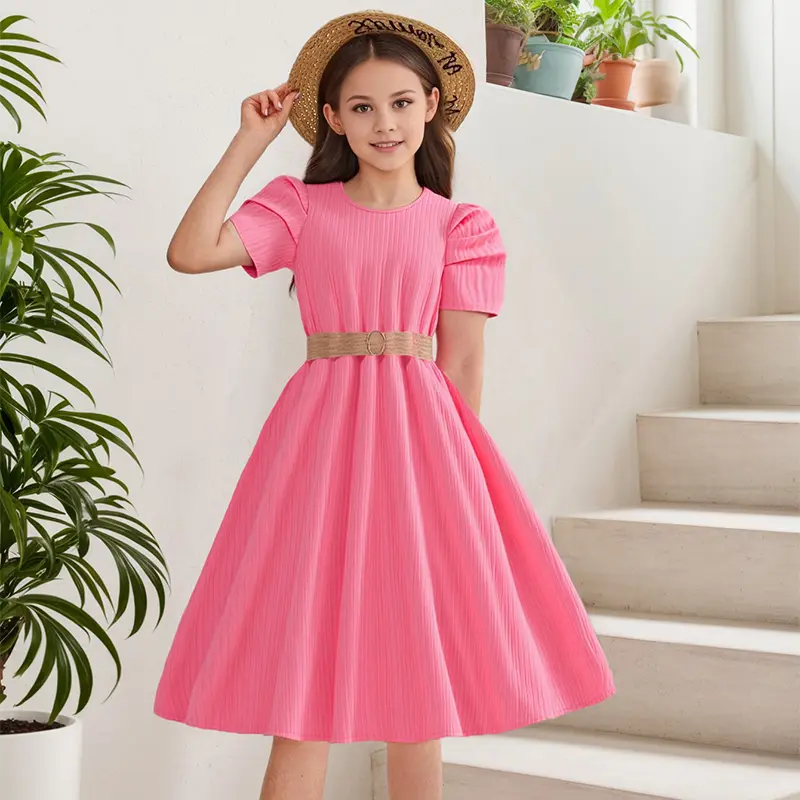 Kids Dress For Girls Solid Pink Sweet Style Belted Round-Neck Smock Dress Sweet Style Princess Dress Summer Children Clothes