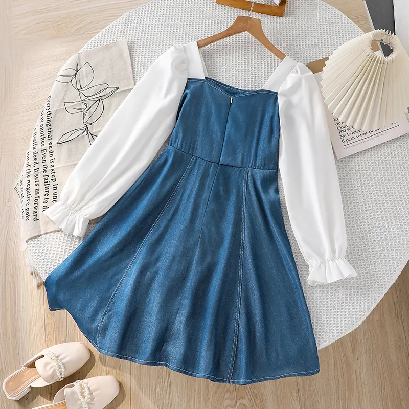 Spring/Summer Girls 8-12Pure Everyday Sweet DressElegant Square NeckWhite Puff Sleeve Patchwork Denim Knee Length Skirt with Cut