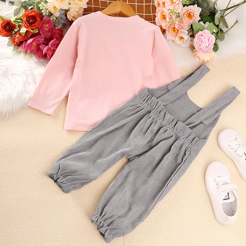 Autumn New Girls Clothes Sets 1-5 Years Girls Pink Top + Grey Overalls Korean Style Suits Stylish Girls Vacation Holiday Clothes