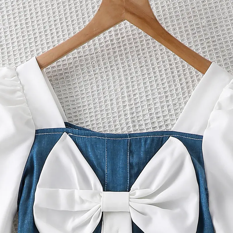 Spring/Summer Girls 8-12Pure Everyday Sweet DressElegant Square NeckWhite Puff Sleeve Patchwork Denim Knee Length Skirt with Cut