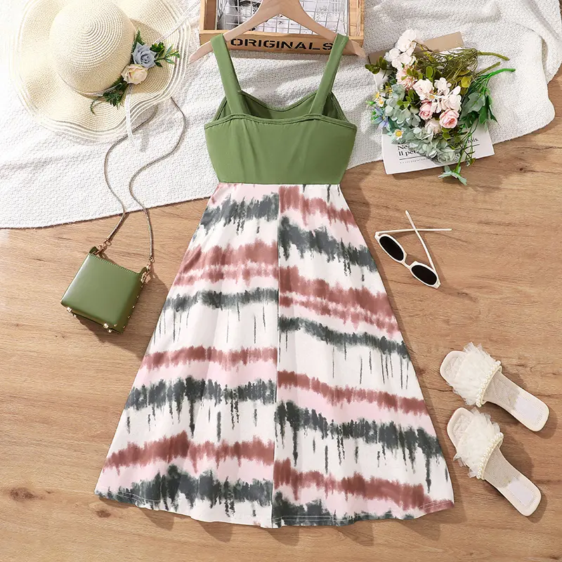 8-12 year old girl's dressSummer sleeveless slip cross-over pleated trim paneled colorful tie-dye hem Long skirtCasual girl