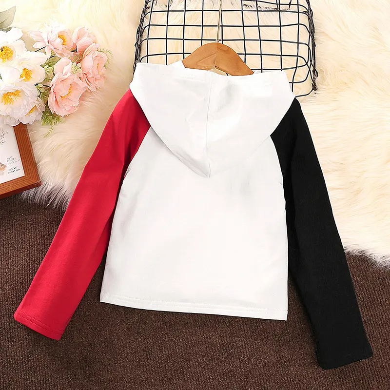 Spring/Fall Hooded T-Shirt with Contrast Long Sleeve Panel White T-Shirt Daily Sports Trend Japanese Korean