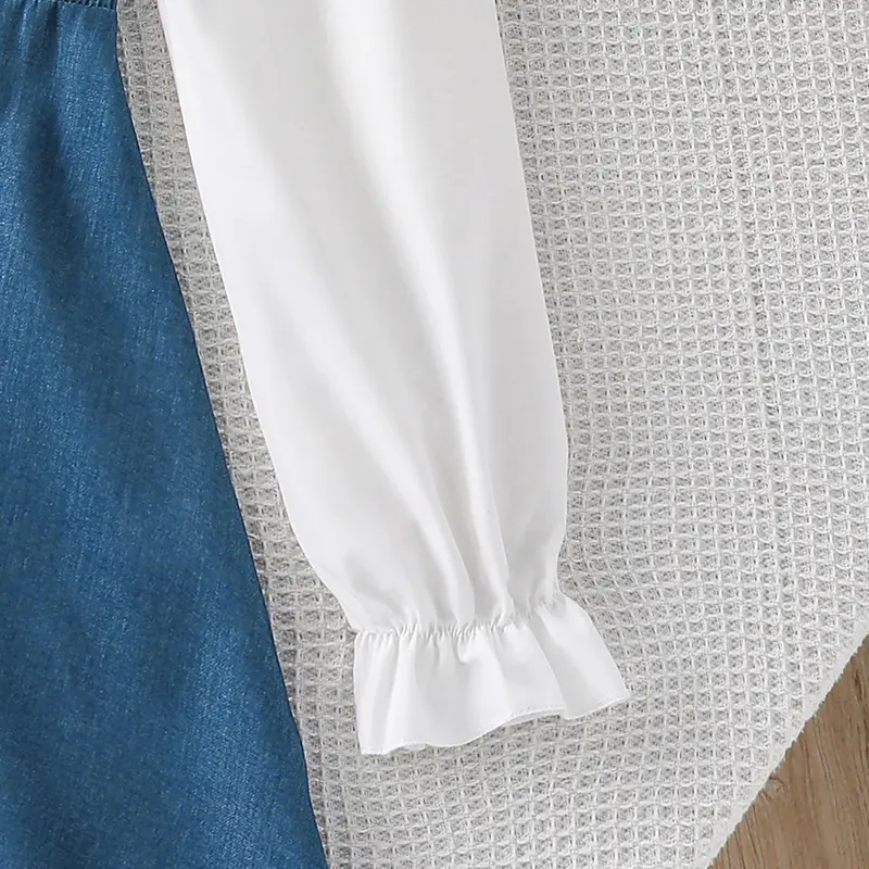 Spring/Summer Girls 8-12Pure Everyday Sweet DressElegant Square NeckWhite Puff Sleeve Patchwork Denim Knee Length Skirt with Cut