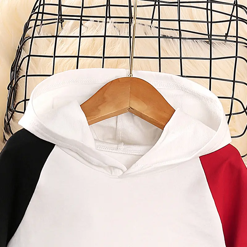 Spring/Fall Hooded T-Shirt with Contrast Long Sleeve Panel White T-Shirt Daily Sports Trend Japanese Korean