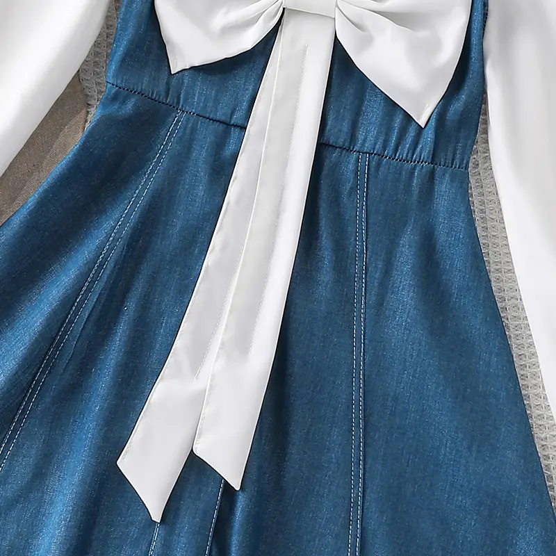 Spring/Summer Girls 8-12Pure Everyday Sweet DressElegant Square NeckWhite Puff Sleeve Patchwork Denim Knee Length Skirt with Cut