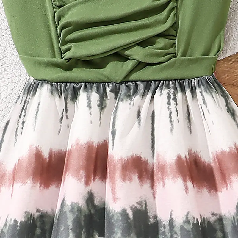 8-12 year old girl's dressSummer sleeveless slip cross-over pleated trim paneled colorful tie-dye hem Long skirtCasual girl