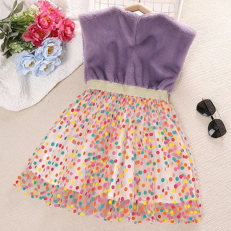 Fall/Winter Girl's DressPurple Sleeveless Crew Neck Fuzzy Combo Color Dot Mesh Hem Sweet and Fresh Princess Party
