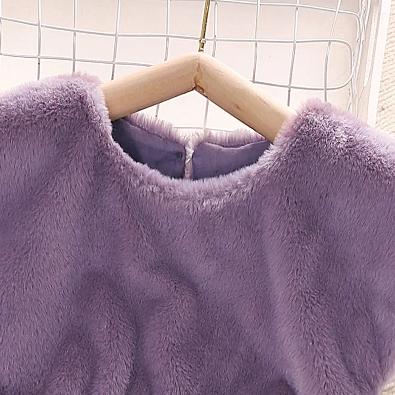 Fall/Winter Girl's DressPurple Sleeveless Crew Neck Fuzzy Combo Color Dot Mesh Hem Sweet and Fresh Princess Party