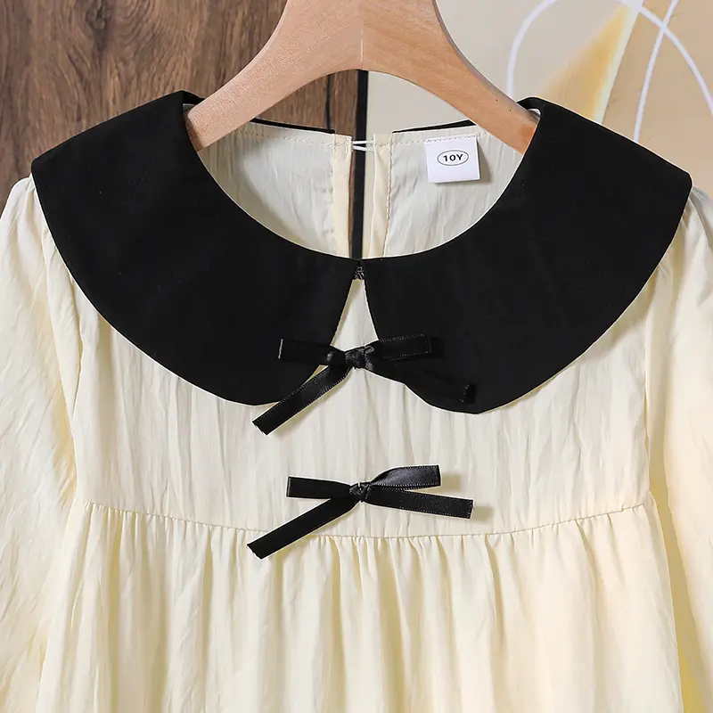 Big Boys Summer Knee Length Long Sleeve Dress Cute Peter Pan Collar Sweet Ruffle HemCollege Chic Resort Fresh