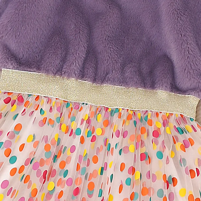 Fall/Winter Girl's DressPurple Sleeveless Crew Neck Fuzzy Combo Color Dot Mesh Hem Sweet and Fresh Princess Party