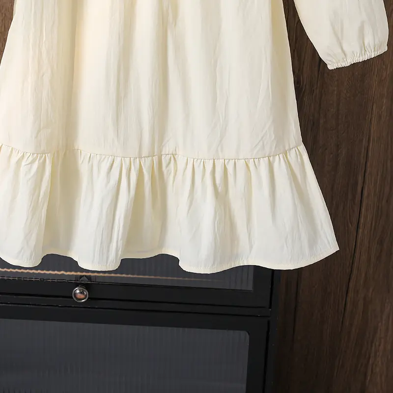Big Boys Summer Knee Length Long Sleeve Dress Cute Peter Pan Collar Sweet Ruffle HemCollege Chic Resort Fresh