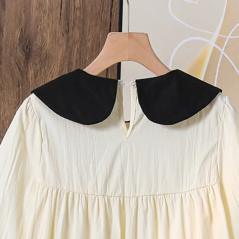 Big Boys Summer Knee Length Long Sleeve Dress Cute Peter Pan Collar Sweet Ruffle HemCollege Chic Resort Fresh