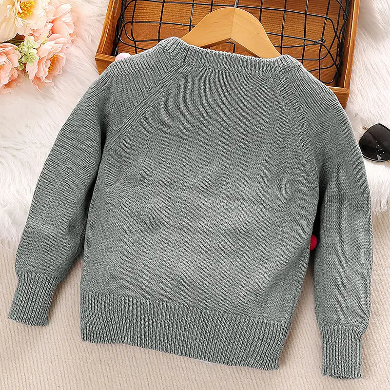 Winter Little Girl's Grey Sweater with Peter Pan Collar And Colorful Pompoms Sweetly Casual Everyday Fashion for Kids