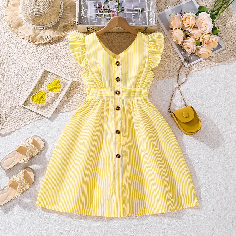 Fashion Summer Dress 4-7 Years Little Girls Striped V-Neck Sleeveless Dress Simple Elegant Style Classic Design Daily Clothes
