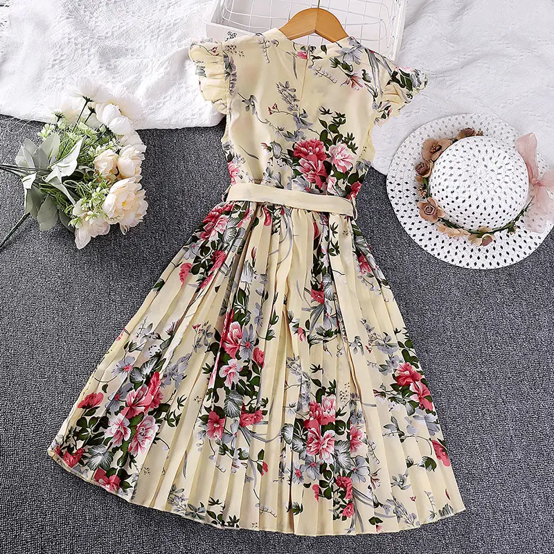 Girl's DressElegant Summer Ladylike Crew NeckFlutter Sleeves Belted Pleated Skirt at the hem Cute Resort