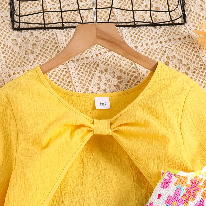 Girl's DressSpring/Autumn KitElegant Yellow Long Sleeve Little CoatSweet Floral Printed Slip DressFashion Holiday 8-12 Years Old