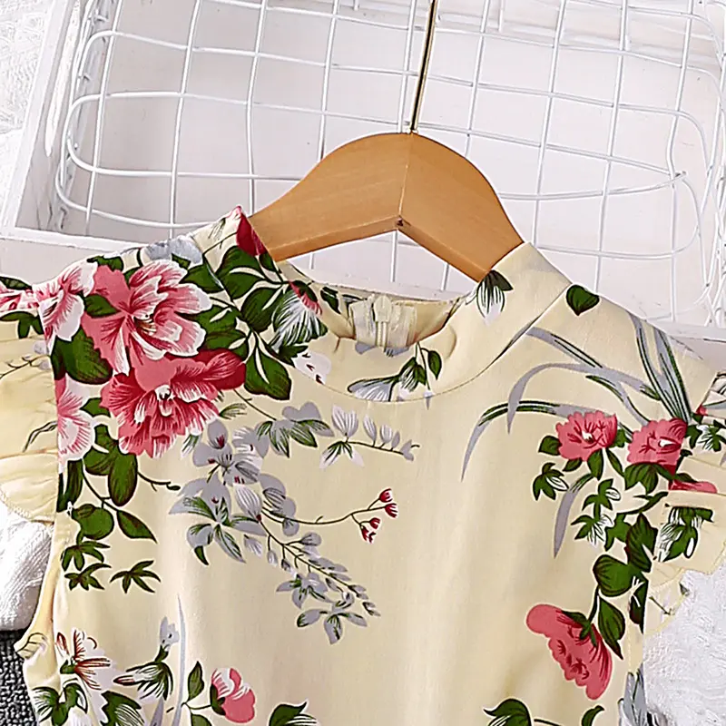 Girl's DressElegant Summer Ladylike Crew NeckFlutter Sleeves Belted Pleated Skirt at the hem Cute Resort