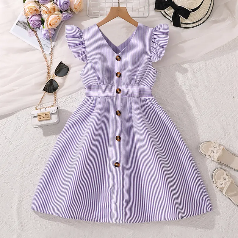 Fashion Summer Dress 4-7 Years Little Girls Striped V-Neck Sleeveless Dress Simple Elegant Style Classic Design Daily Clothes
