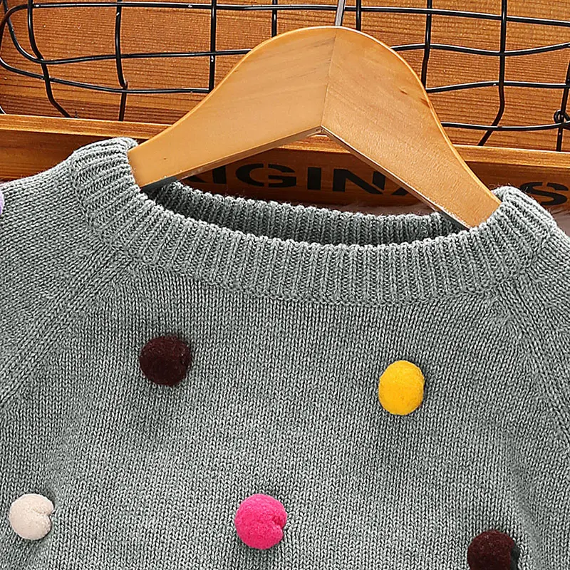 Winter Little Girl's Grey Sweater with Peter Pan Collar And Colorful Pompoms Sweetly Casual Everyday Fashion for Kids