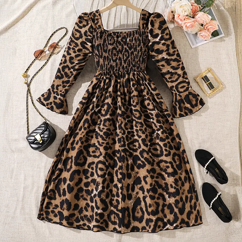 2025 Autumn Fashion New Girls Clothing Brown Leopard Print Square Collar Ling Sleeve A-Line Dress For Girls 8-12 Years Daily Set