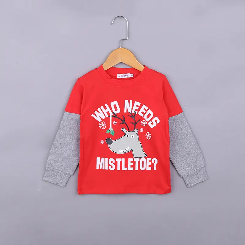 Kids' Cute Red Grey Combo Long Sleeve T-Shirt Christmas Moose Print Relaxed Fit Holiday Party Spring/Fall